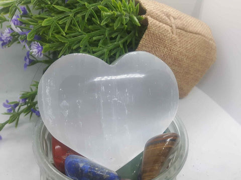 Large Selenite Heart - includes 4 gemstones