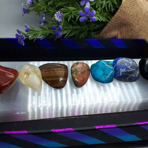 Selenite Large Bar + 7 Chakra Gemstones (Charging 6" inch Selenite Platform)