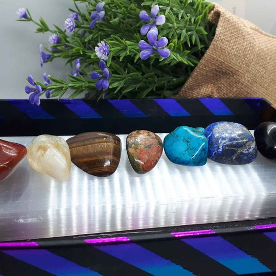 Selenite Large Bar + 7 Chakra Gemstones (Charging 6" inch Selenite Platform)