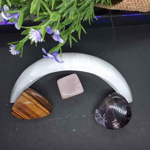 Selenite Half Moon + 3 Chakra Gemstones